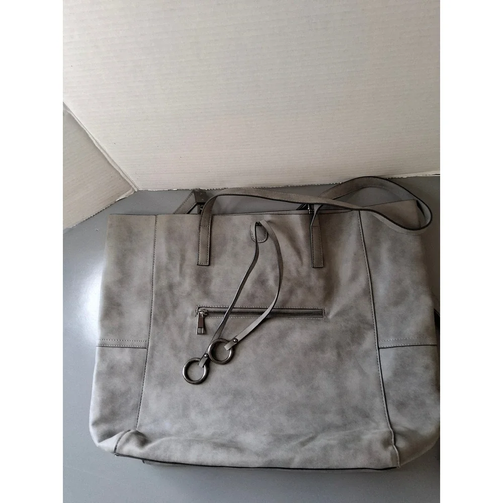 Large Grey Faux Leather Tote Bag Crossbody Distressed Suede Finish Gunmetal Hrdw